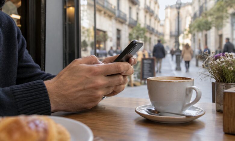 Una persona escribe en el móvil junto a una taza en una cafetería.