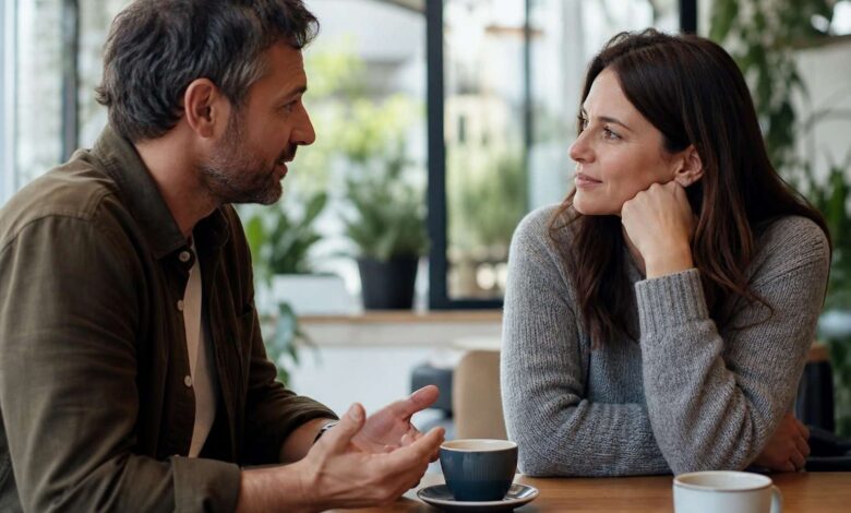 Dos personas conversando con atención y un lenguaje corporal abierto